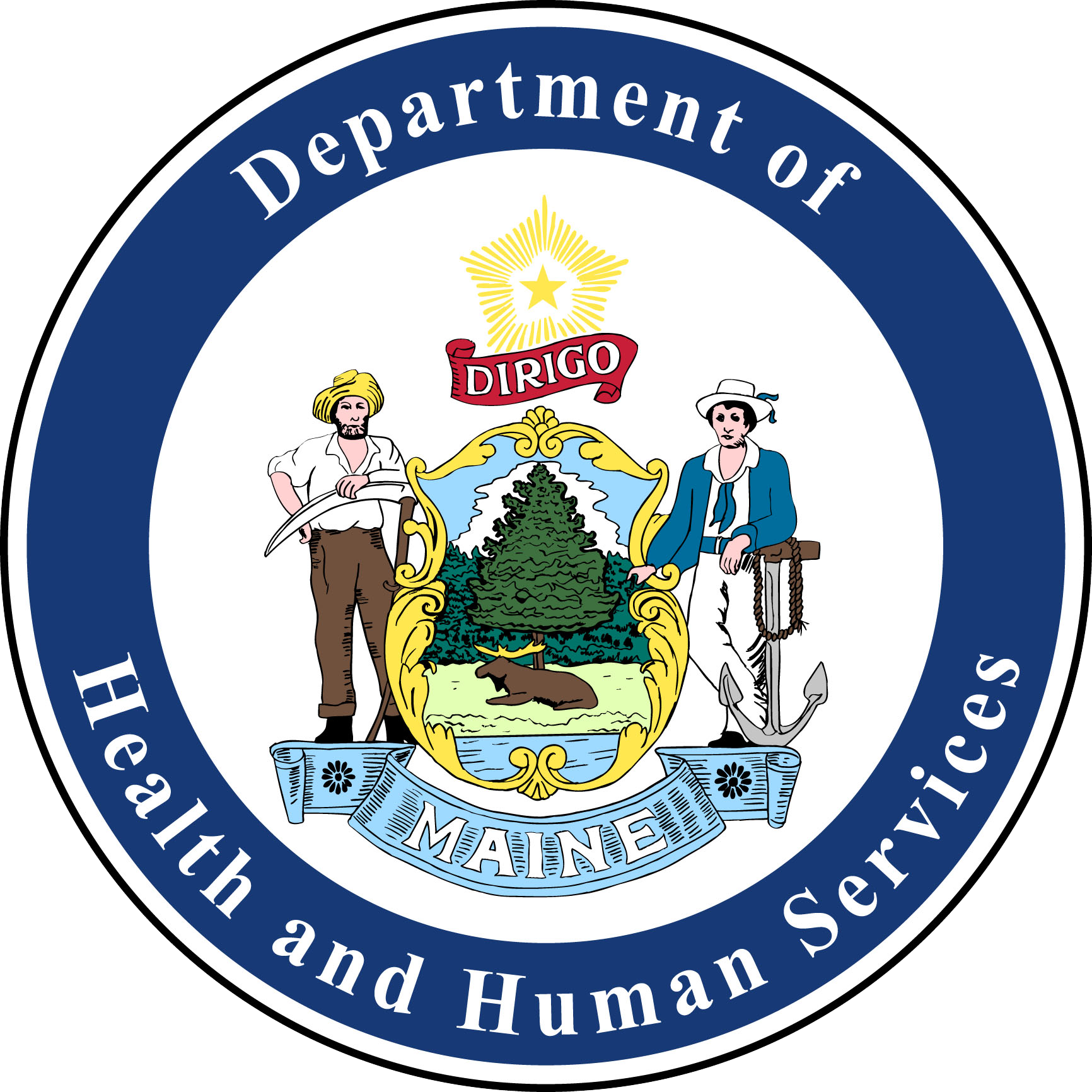 Seal of the Maine Department of Health and Human Services, featuring the state's emblem with a pine tree, moose, and figures, surrounded by the department's name.